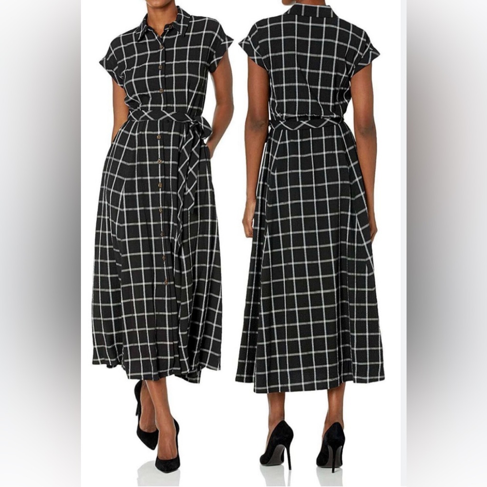 CK  gauze windowpane plaid shirtdress point collar buttonfront tie belt. Size 14